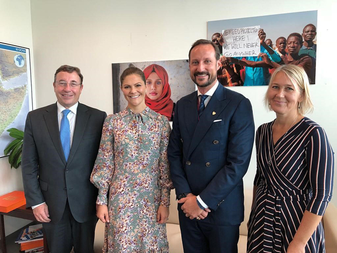 F.v. UNDPs leder Achim Steiner, Kronprinsesse Victoria, Kronprins Haakon og nestleder Ulrika Modeer. Foto: UNDP